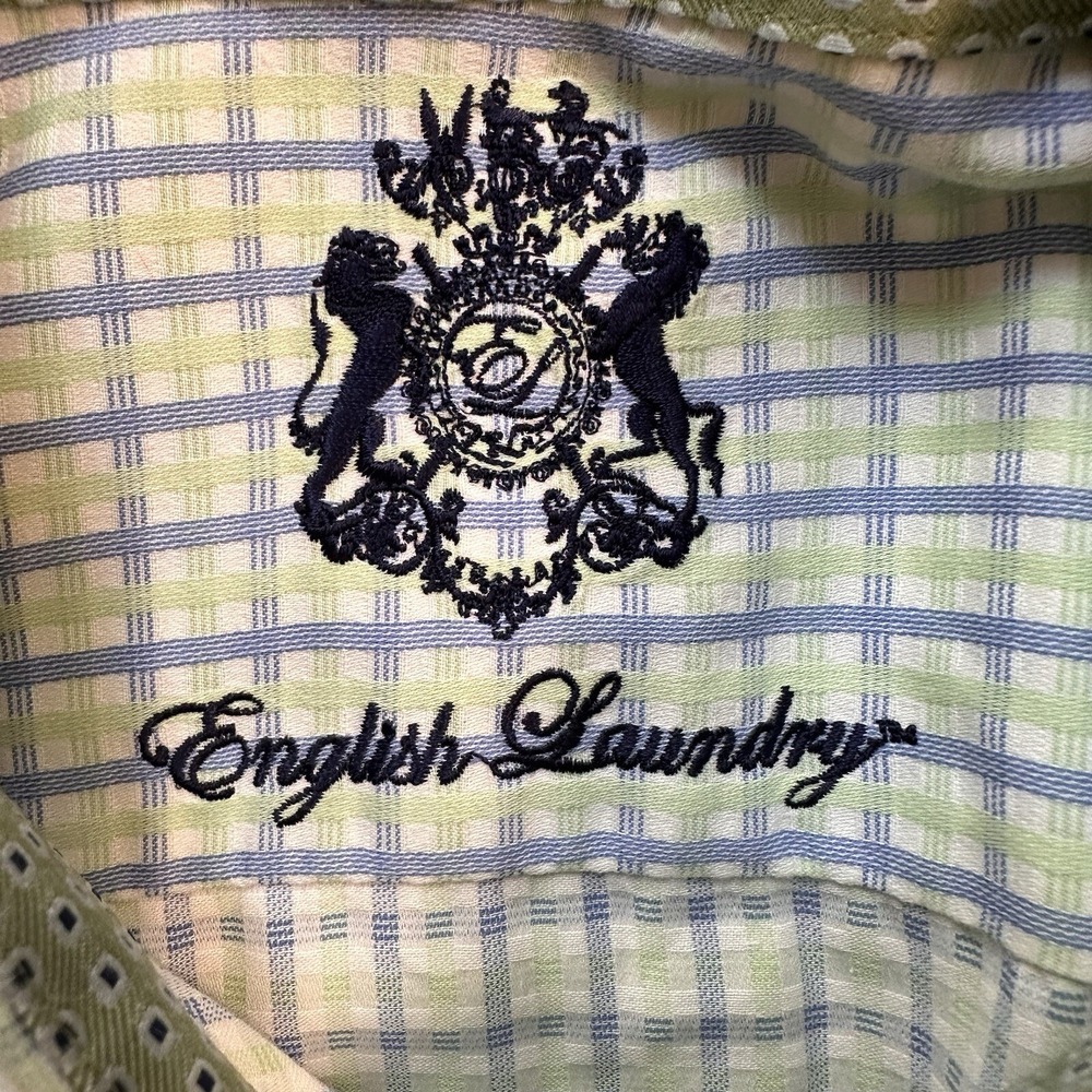 English Laundry Blue White Green Dress Shirt 16 1/2 34 - 35 Embroidered Logo LG - Picture 13 of 16